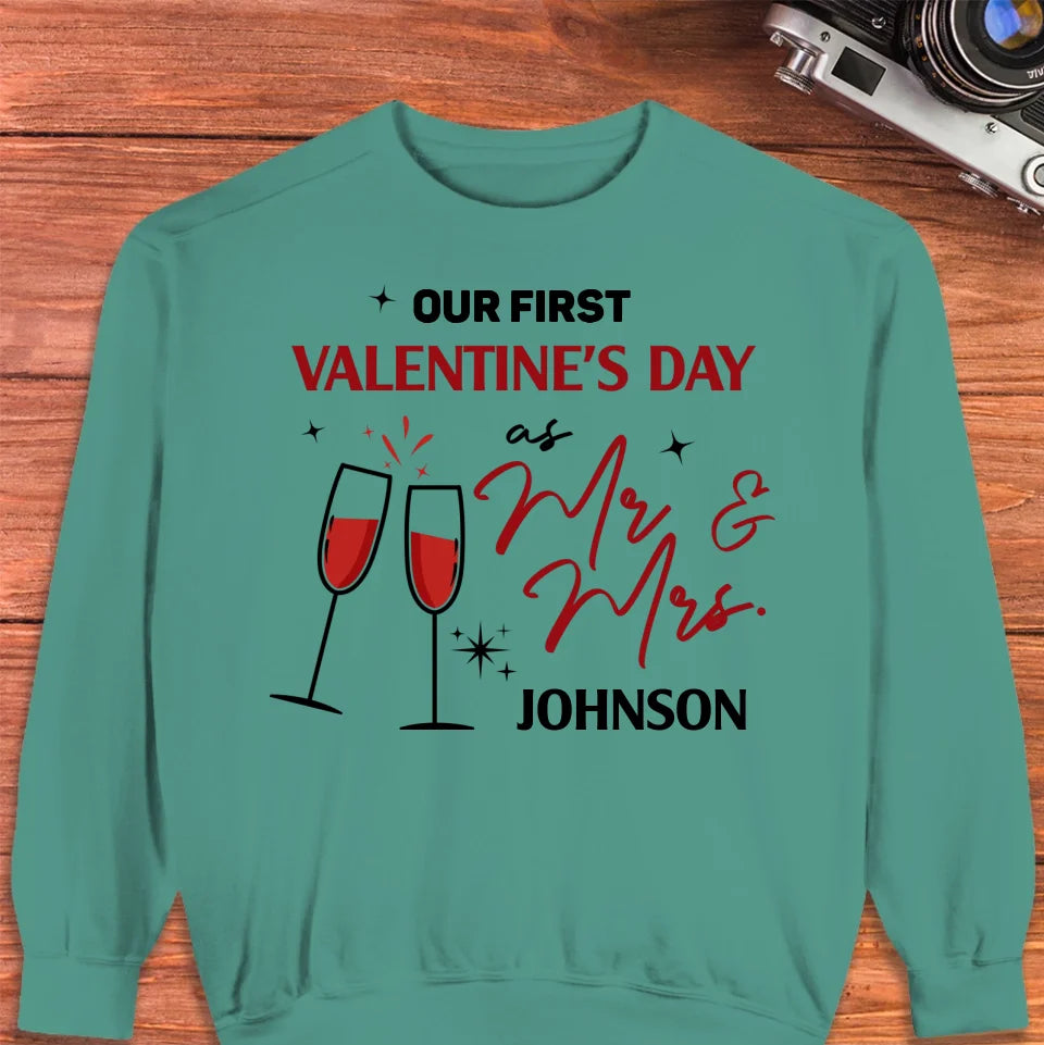 Our First Valentine's Day As Mr & Mrs, Wine Glass Cheer - Personalized Gifts For Couples - Unisex Sweater