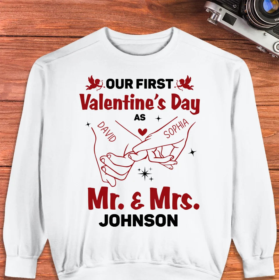 Our First Valentine's Day As Mr & Mrs, Pinky Hand Sketch Style - Personalized Gifts For Couples - Unisex Sweater