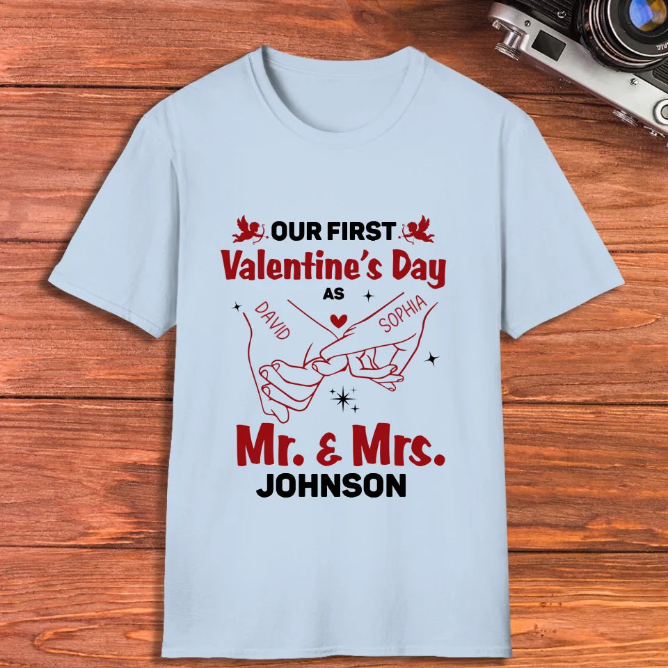 Our First Valentine's Day As Mr & Mrs, Pinky Hand Sketch Style - Personalized Gifts For Couples - Unisex T-Shirt