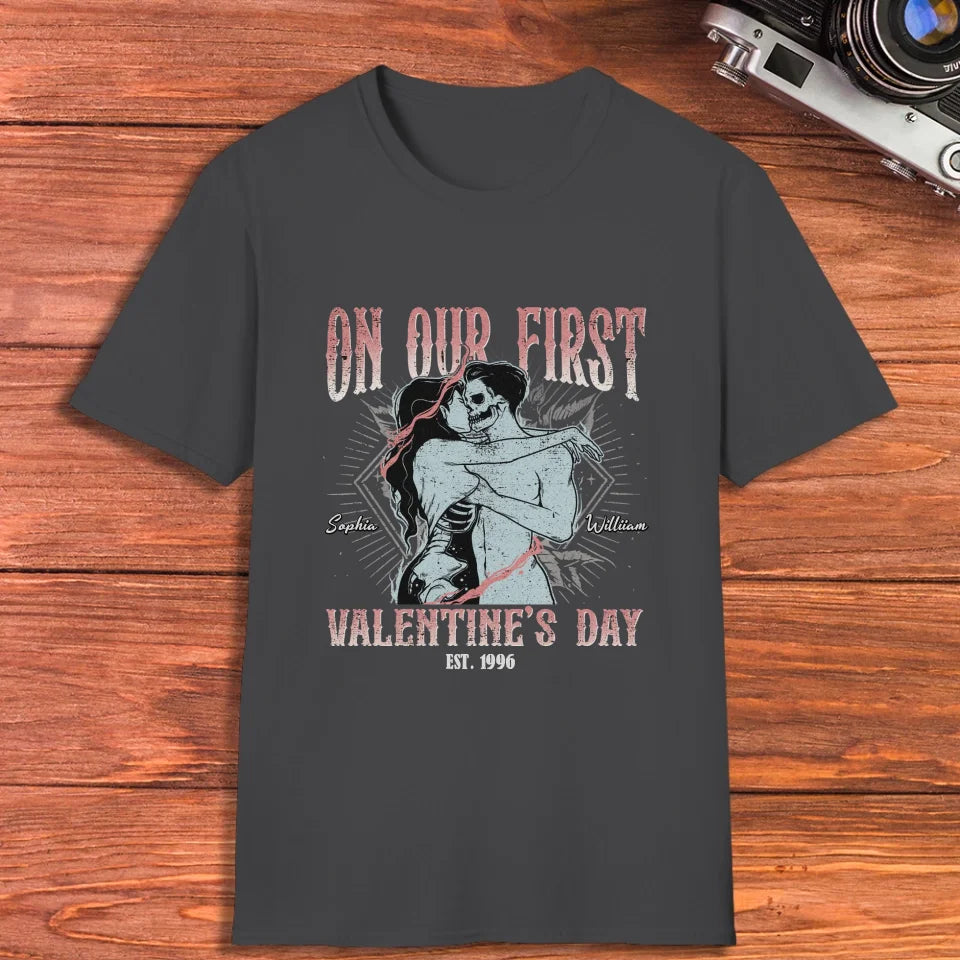 On Our First Valentine's Day Skull - Personalized Gifts For Couples - Unisex T-Shirt