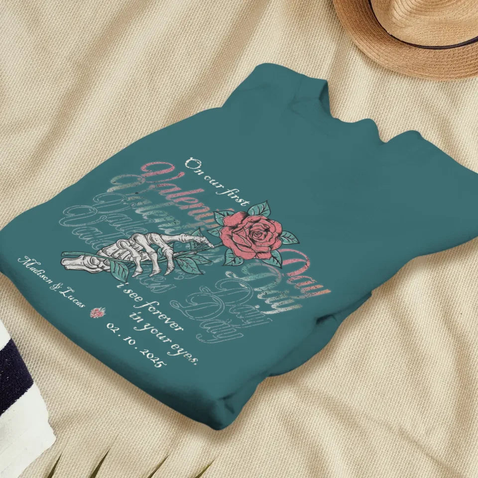 On Our First Valentine's Day Skull And Rose - Personalized Gifts For Couples - Unisex Sweater