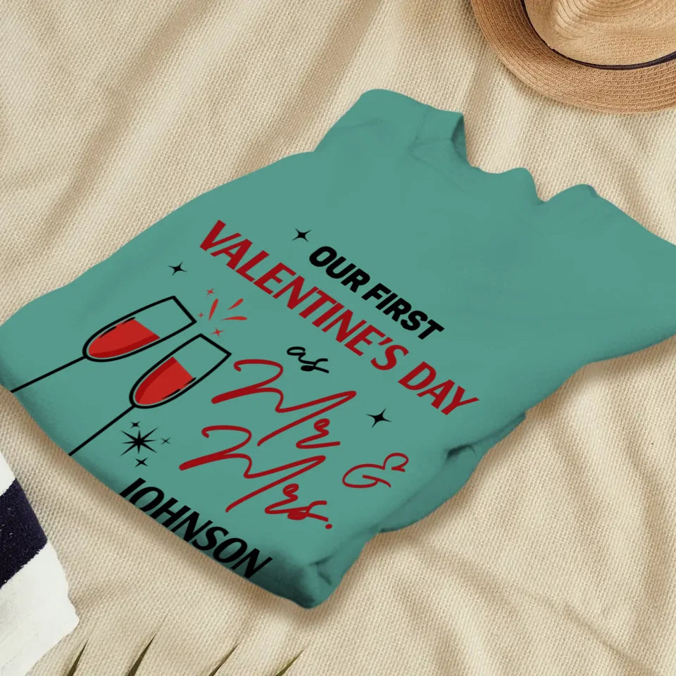 Our First Valentine's Day As Mr & Mrs, Wine Glass Cheer - Personalized Gifts For Couples - Unisex Sweater