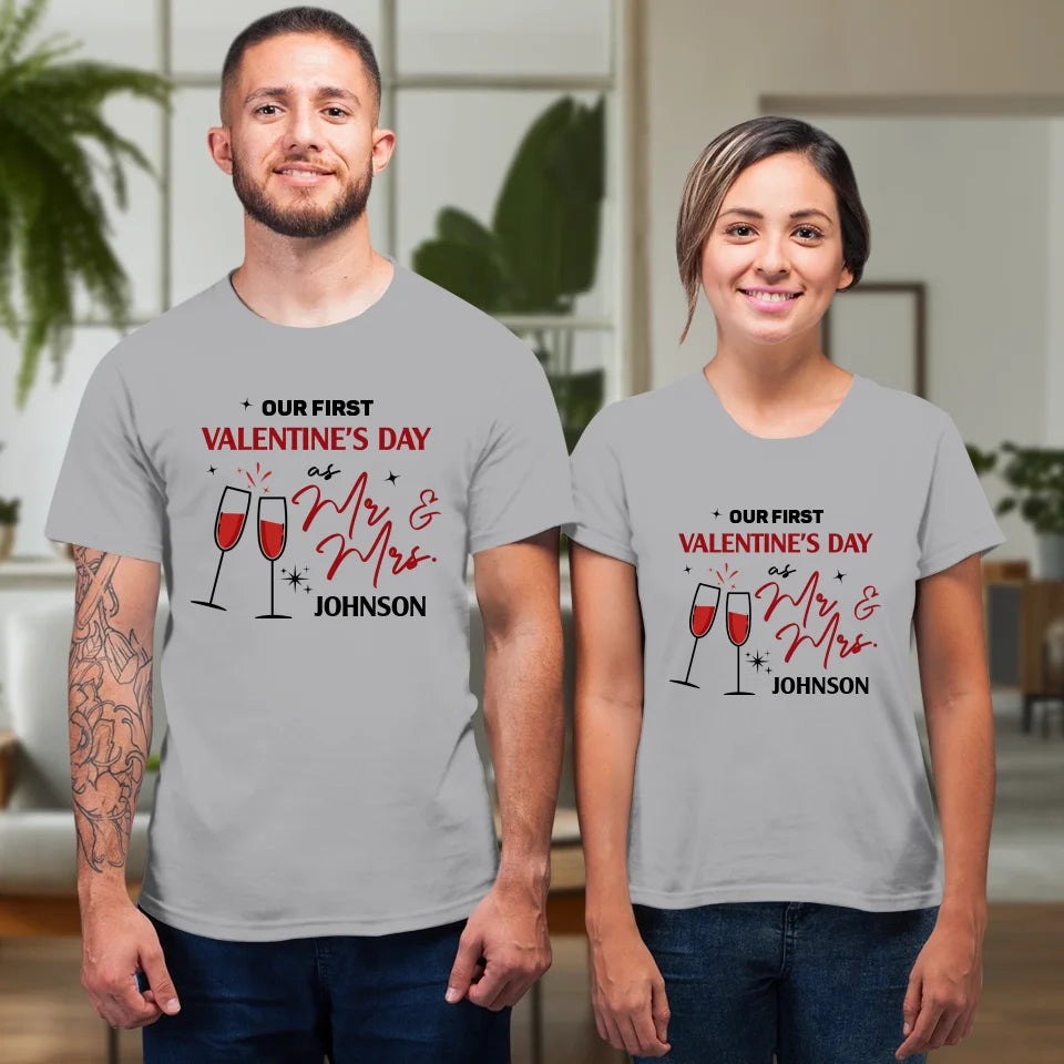 Our First Valentine's Day As Mr & Mrs, Wine Glass Cheer - Personalized Gifts For Couples - Unisex T-Shirt