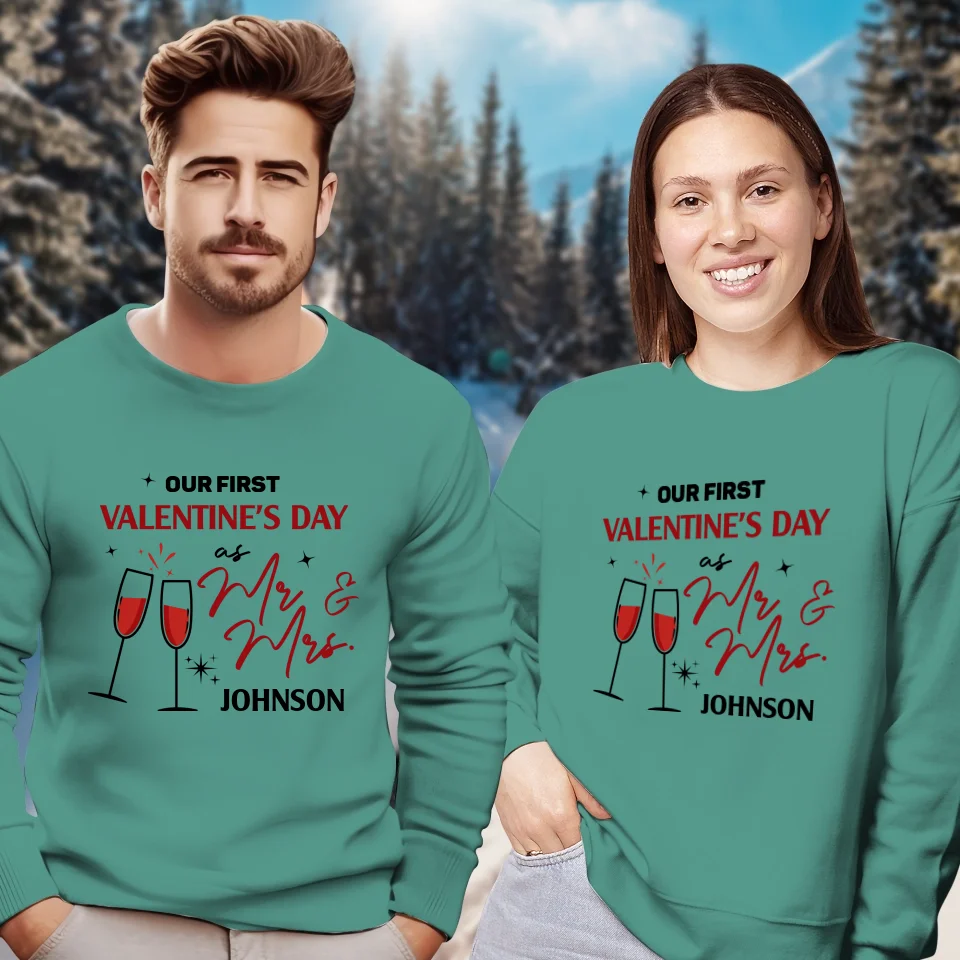 Our First Valentine's Day As Mr & Mrs, Wine Glass Cheer - Personalized Gifts For Couples - Unisex Sweater