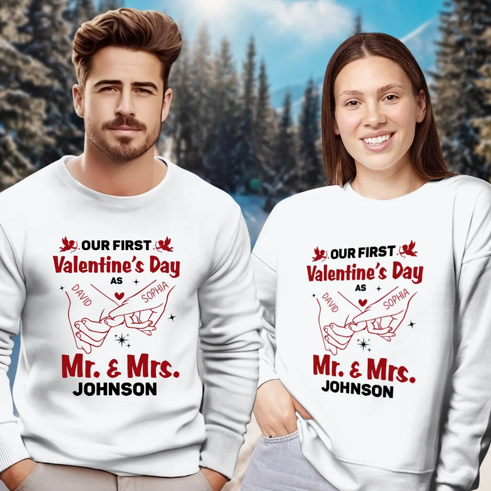 Our First Valentine's Day As Mr & Mrs, Pinky Hand Sketch Style - Personalized Gifts For Couples - Unisex Sweater