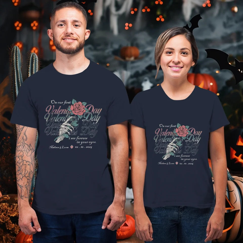 On Our First Valentine's Day Skull And Rose - Personalized Gifts For Couples - Unisex T-Shirt