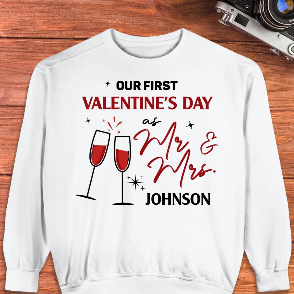 Our First Valentine's Day As Mr & Mrs, Wine Glass Cheer - Personalized Gifts For Couples - Unisex Sweater