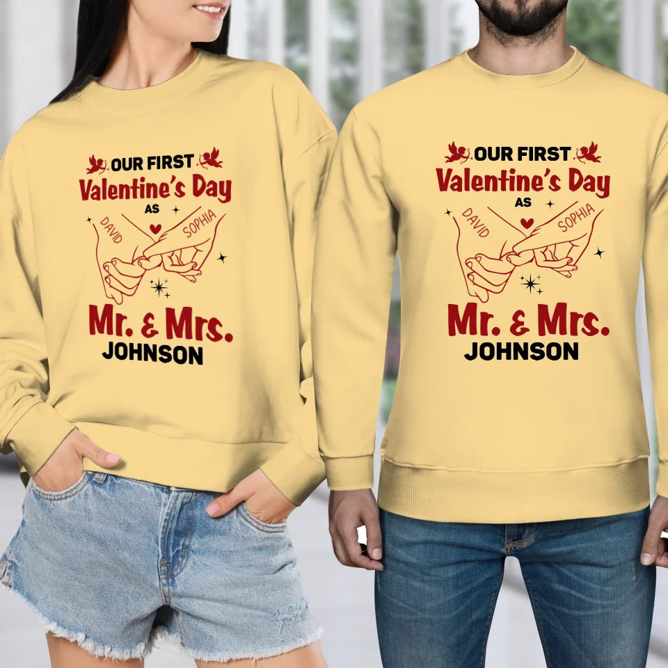 Our First Valentine's Day As Mr & Mrs, Pinky Hand Sketch Style - Personalized Gifts For Couples - Unisex Sweater