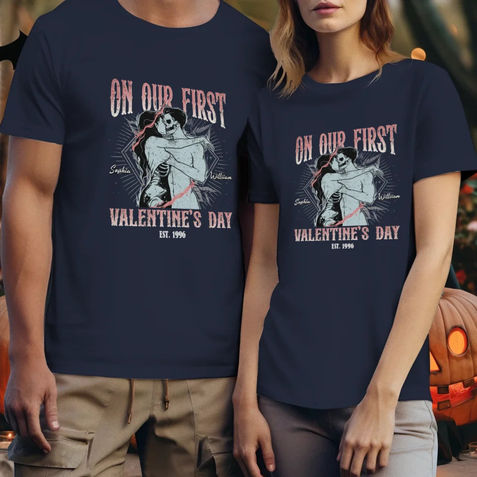 On Our First Valentine's Day Skull - Personalized Gifts For Couples - Unisex T-Shirt