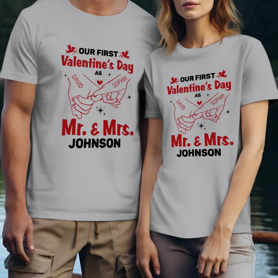 Our First Valentine's Day As Mr & Mrs, Pinky Hand Sketch Style - Personalized Gifts For Couples - Unisex T-Shirt