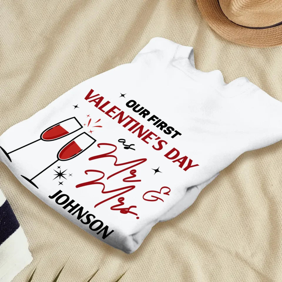 Our First Valentine's Day As Mr & Mrs, Wine Glass Cheer - Personalized Gifts For Couples - Unisex Sweater