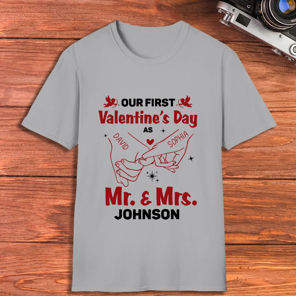 Our First Valentine's Day As Mr & Mrs, Pinky Hand Sketch Style - Personalized Gifts For Couples - Unisex T-Shirt