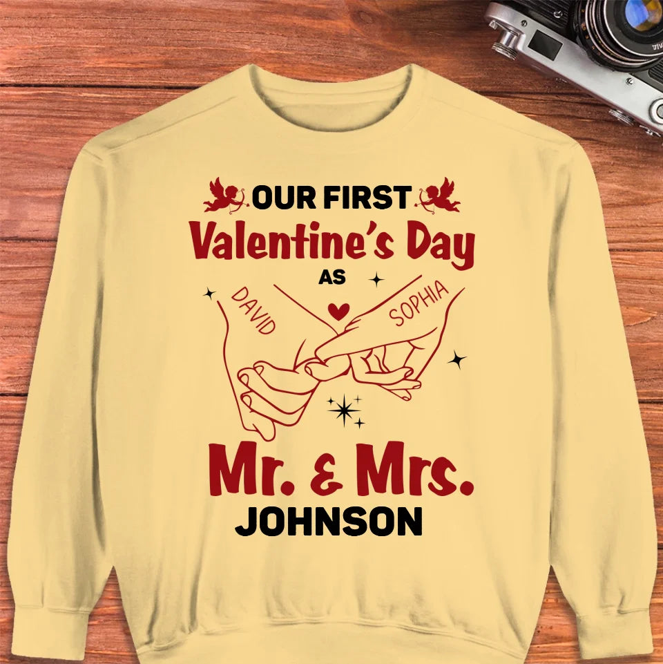 Our First Valentine's Day As Mr & Mrs, Pinky Hand Sketch Style - Personalized Gifts For Couples - Unisex Sweater