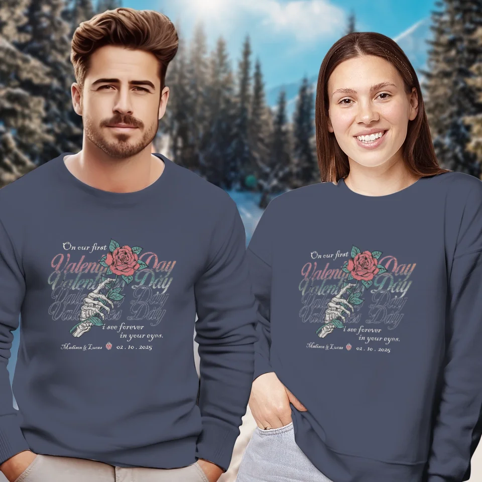 On Our First Valentine's Day Skull And Rose - Personalized Gifts For Couples - Unisex Sweater