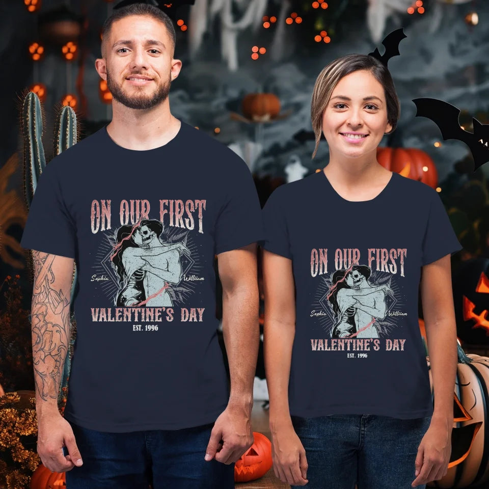 On Our First Valentine's Day Skull - Personalized Gifts For Couples - Unisex T-Shirt