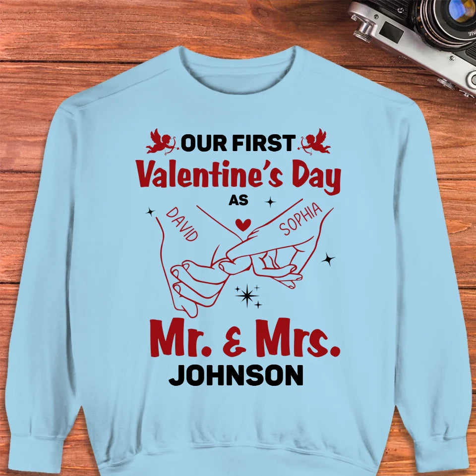 Our First Valentine's Day As Mr & Mrs, Pinky Hand Sketch Style - Personalized Gifts For Couples - Unisex Sweater