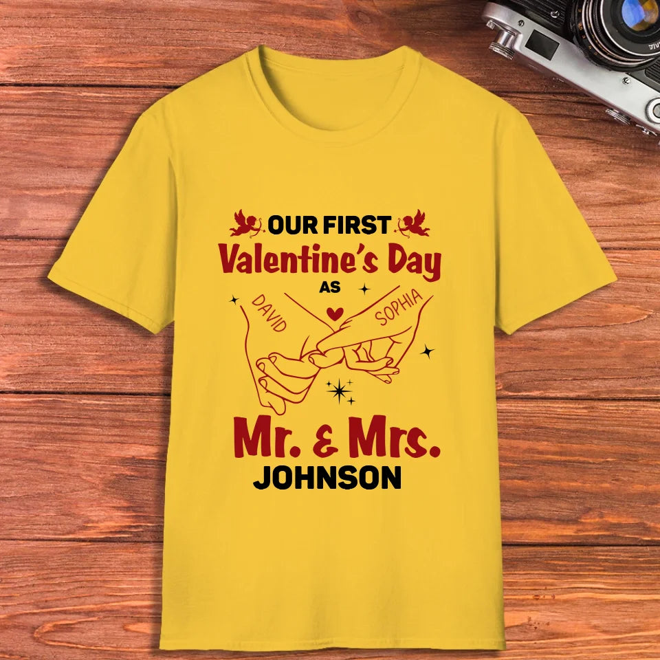 Our First Valentine's Day As Mr & Mrs, Pinky Hand Sketch Style - Personalized Gifts For Couples - Unisex T-Shirt