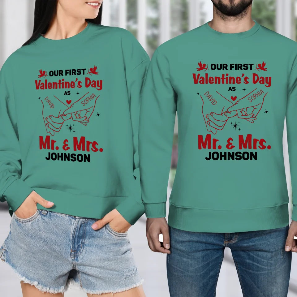 Our First Valentine's Day As Mr & Mrs, Pinky Hand Sketch Style - Personalized Gifts For Couples - Unisex Sweater