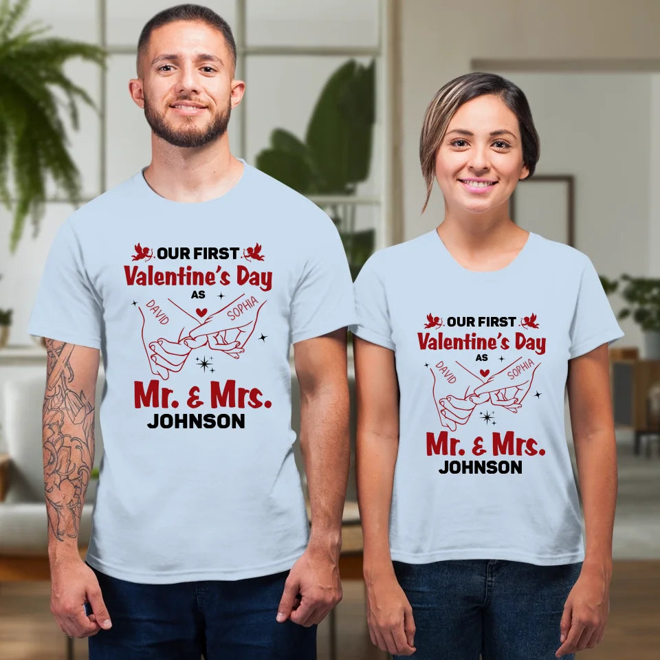 Our First Valentine's Day As Mr & Mrs, Pinky Hand Sketch Style - Personalized Gifts For Couples - Unisex T-Shirt