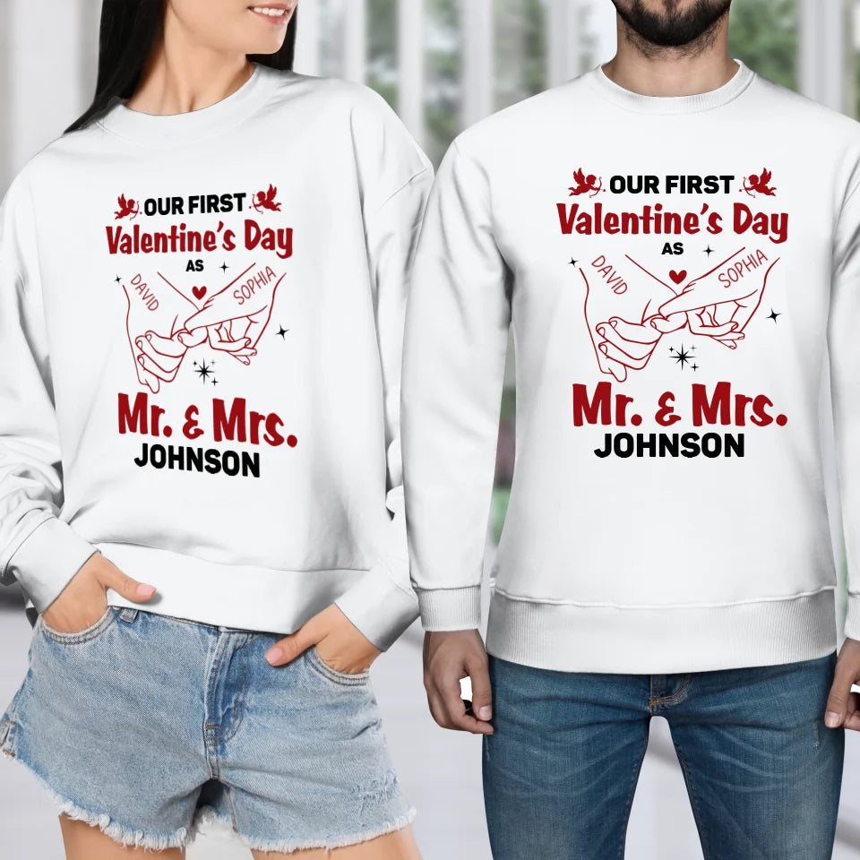 Our First Valentine's Day As Mr & Mrs, Pinky Hand Sketch Style - Personalized Gifts For Couples - Unisex Sweater