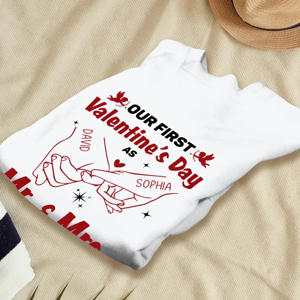 Our First Valentine's Day As Mr & Mrs, Pinky Hand Sketch Style - Personalized Gifts For Couples - Unisex Sweater