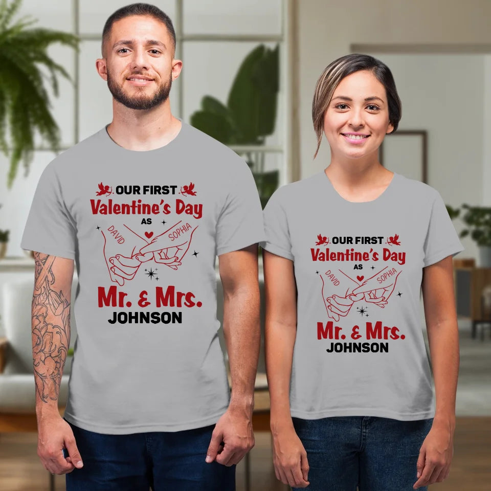 Our First Valentine's Day As Mr & Mrs, Pinky Hand Sketch Style - Personalized Gifts For Couples - Unisex T-Shirt