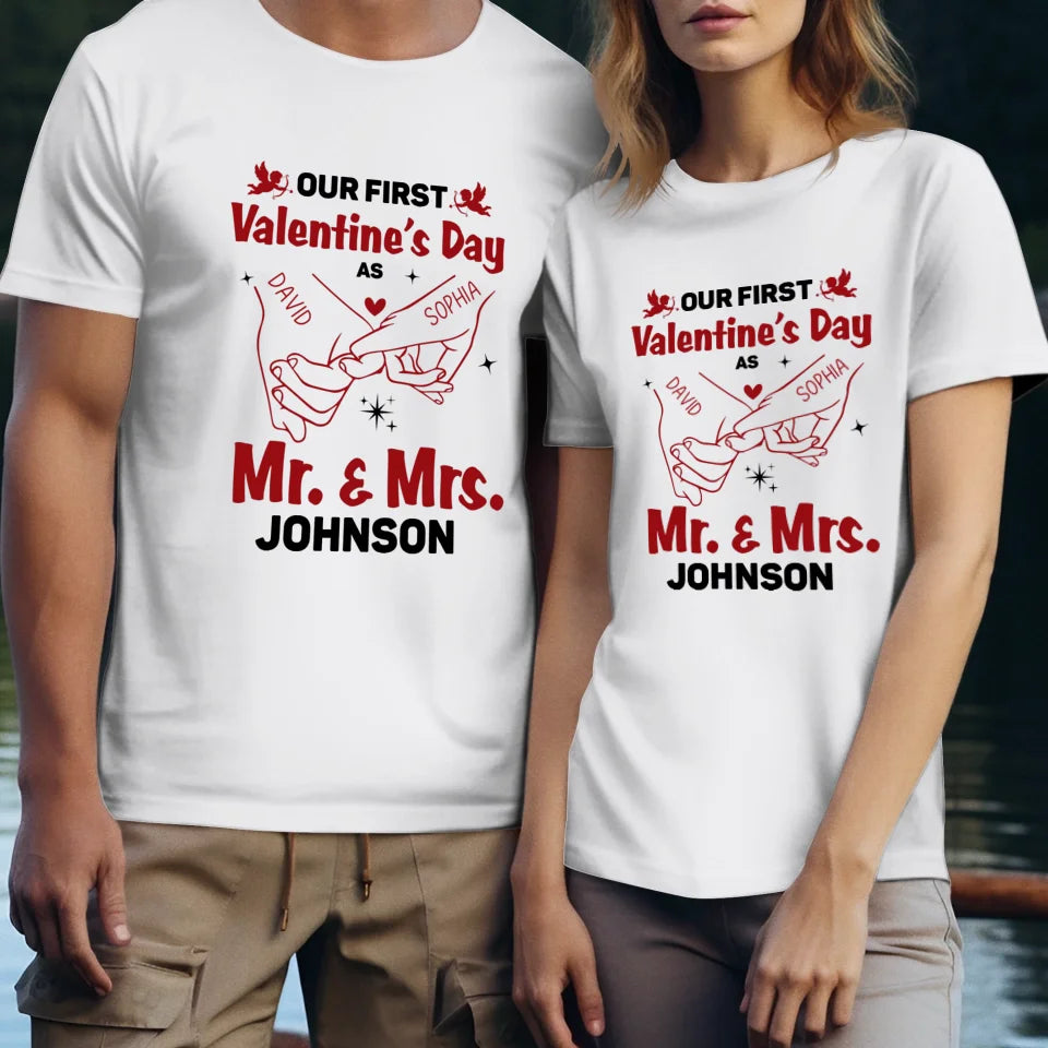 Our First Valentine's Day As Mr & Mrs, Pinky Hand Sketch Style - Personalized Gifts For Couples - Unisex T-Shirt