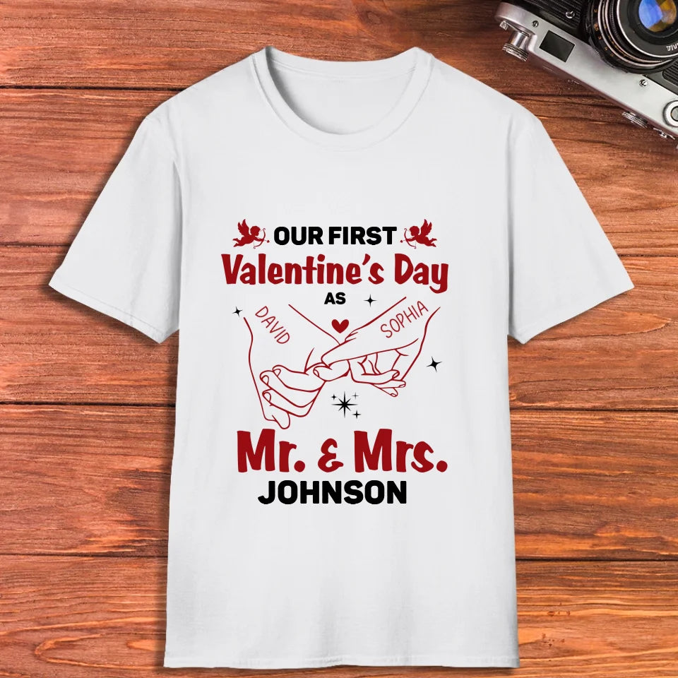 Our First Valentine's Day As Mr & Mrs, Pinky Hand Sketch Style - Personalized Gifts For Couples - Unisex T-Shirt