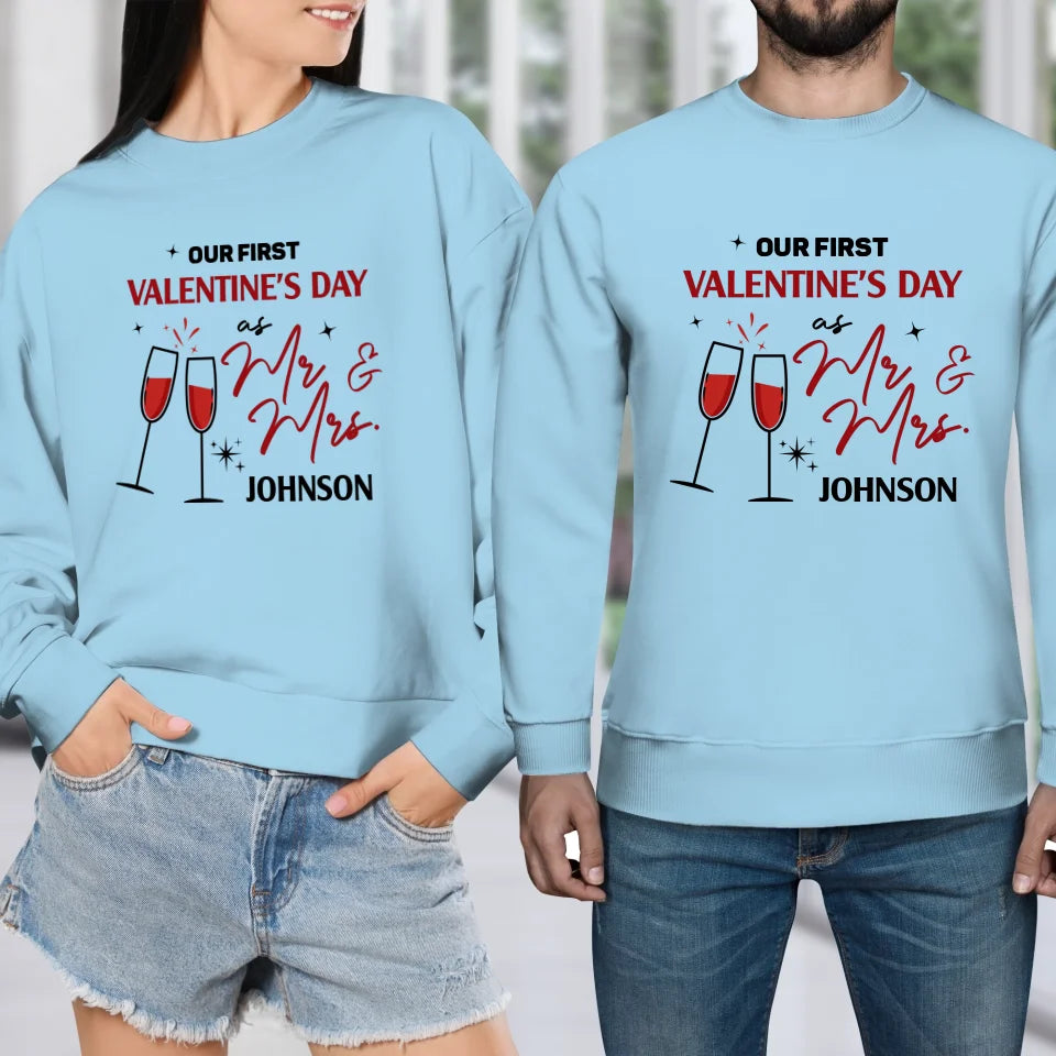 Our First Valentine's Day As Mr & Mrs, Wine Glass Cheer - Personalized Gifts For Couples - Unisex Sweater