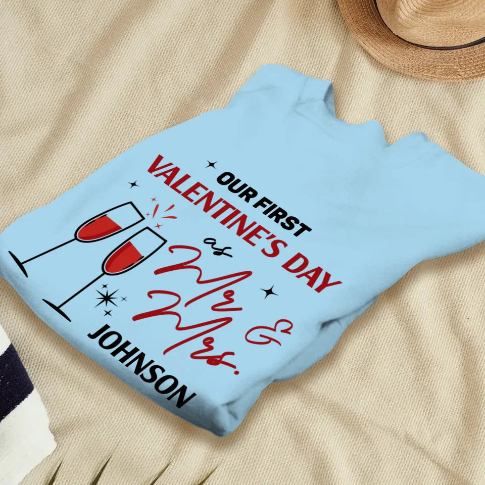 Our First Valentine's Day As Mr & Mrs, Wine Glass Cheer - Personalized Gifts For Couples - Unisex Sweater