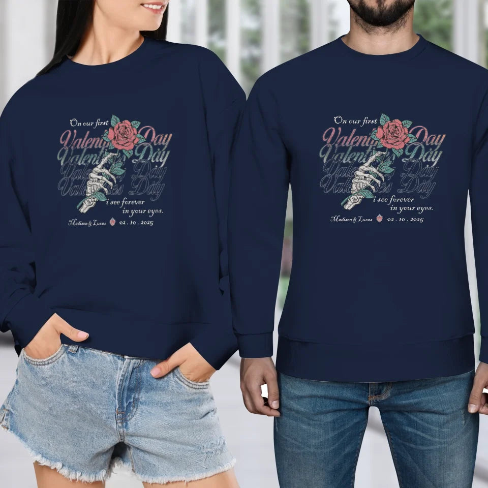 On Our First Valentine's Day Skull And Rose - Personalized Gifts For Couples - Unisex Sweater