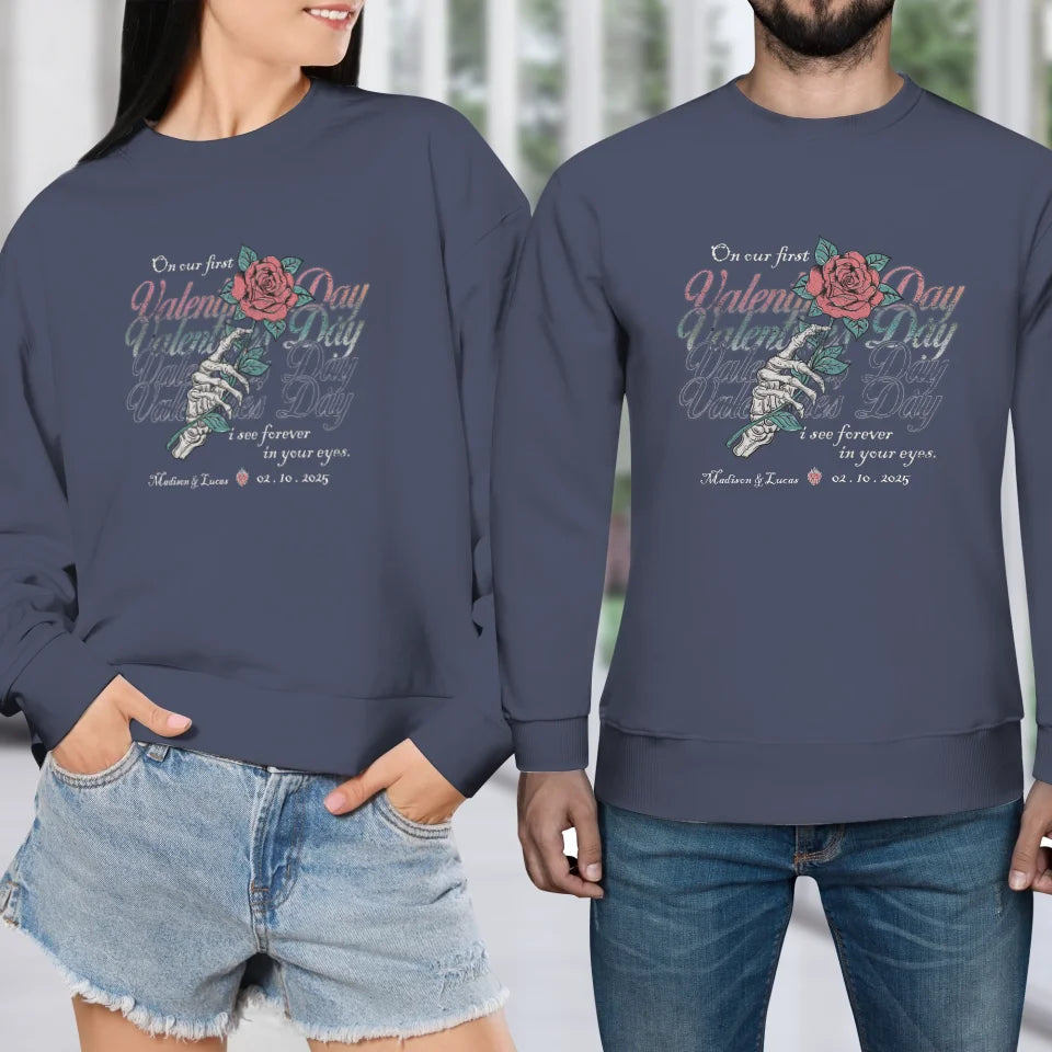 On Our First Valentine's Day Skull And Rose - Personalized Gifts For Couples - Unisex Sweater