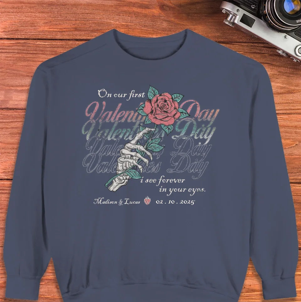 On Our First Valentine's Day Skull And Rose - Personalized Gifts For Couples - Unisex Sweater