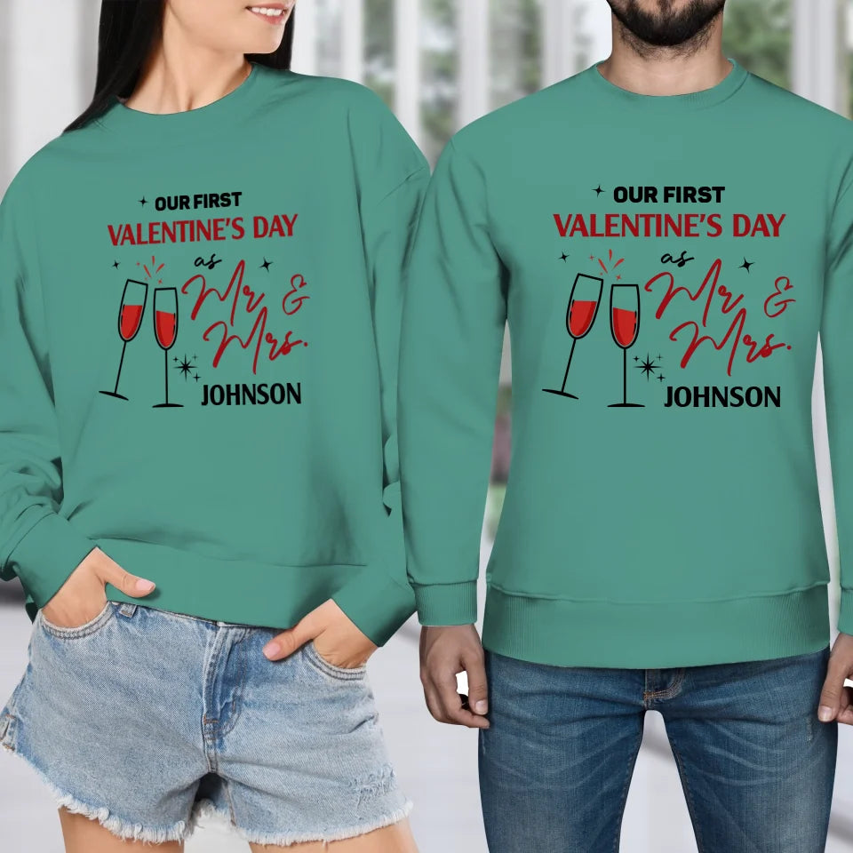 Our First Valentine's Day As Mr & Mrs, Wine Glass Cheer - Personalized Gifts For Couples - Unisex Sweater