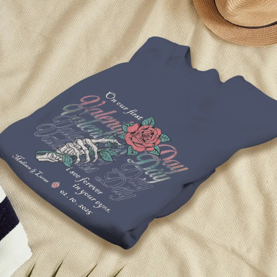 On Our First Valentine's Day Skull And Rose - Personalized Gifts For Couples - Unisex Sweater