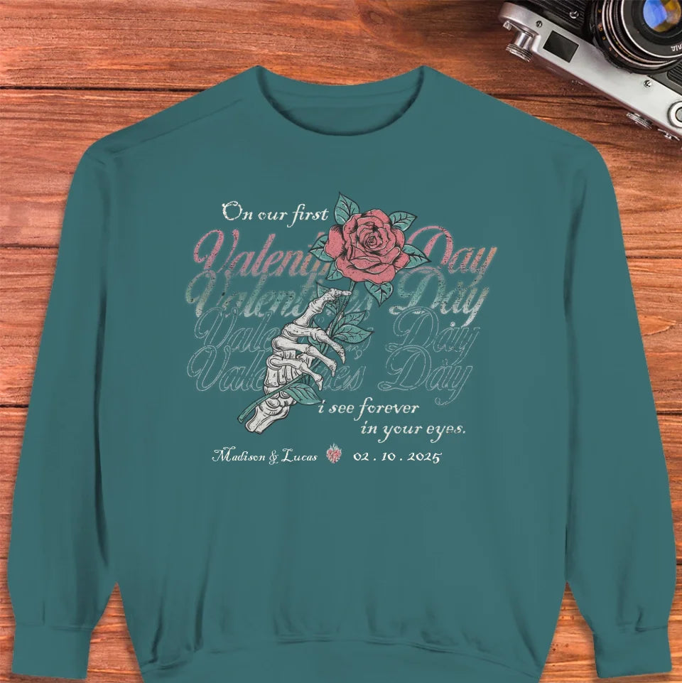 On Our First Valentine's Day Skull And Rose - Personalized Gifts For Couples - Unisex Sweater