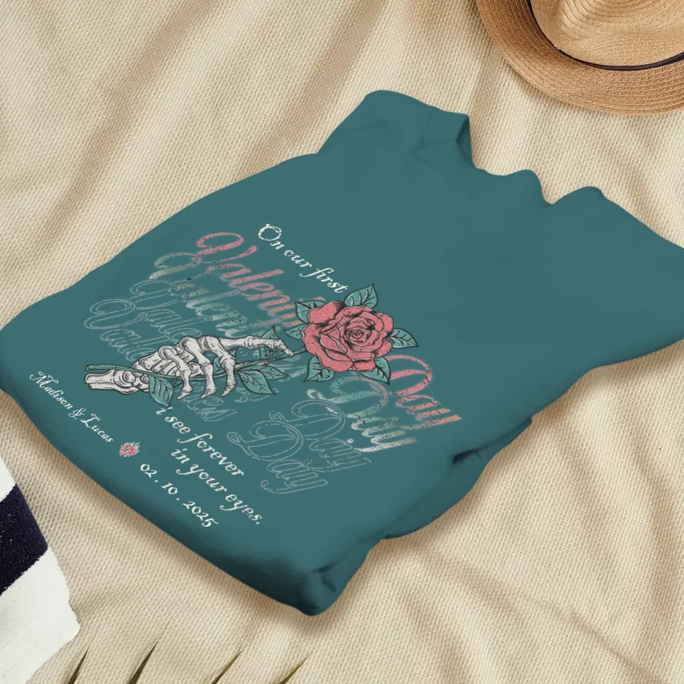 On Our First Valentine's Day Skull And Rose - Personalized Gifts For Couples - Unisex Sweater