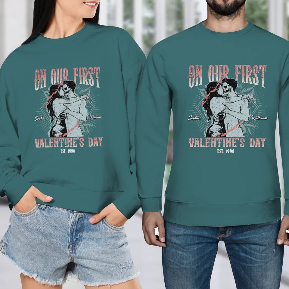 On Our First Valentine's Day Skull - Personalized Gifts For Couples - Unisex Sweater