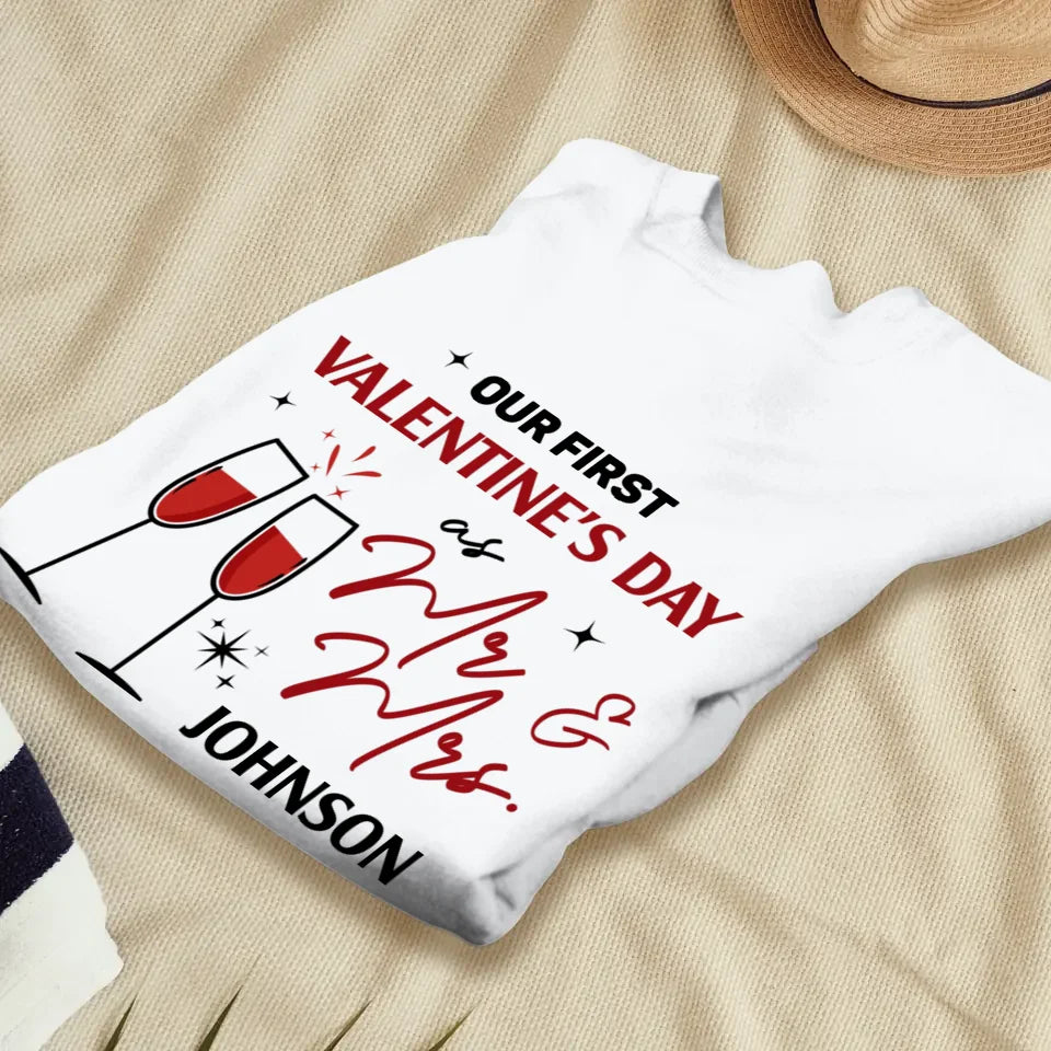 Our First Valentine's Day As Mr & Mrs, Wine Glass Cheer - Personalized Gifts For Couples - Unisex Sweater