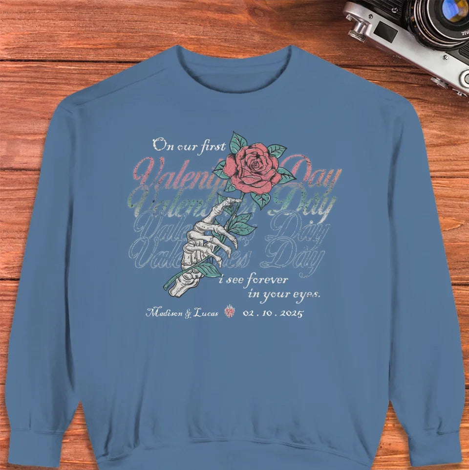 On Our First Valentine's Day Skull And Rose - Personalized Gifts For Couples - Unisex Sweater