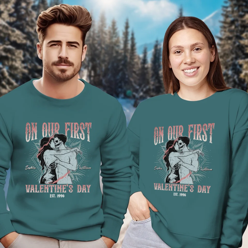 On Our First Valentine's Day Skull - Personalized Gifts For Couples - Unisex Sweater