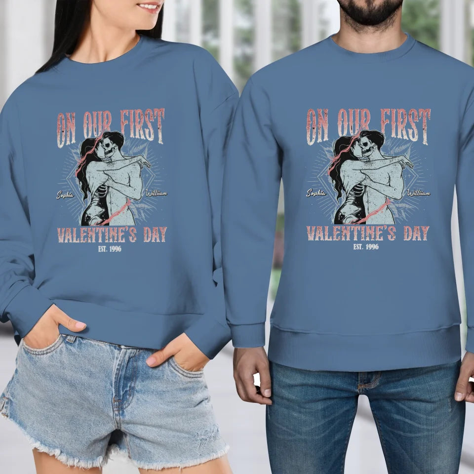 On Our First Valentine's Day Skull - Personalized Gifts For Couples - Unisex Sweater