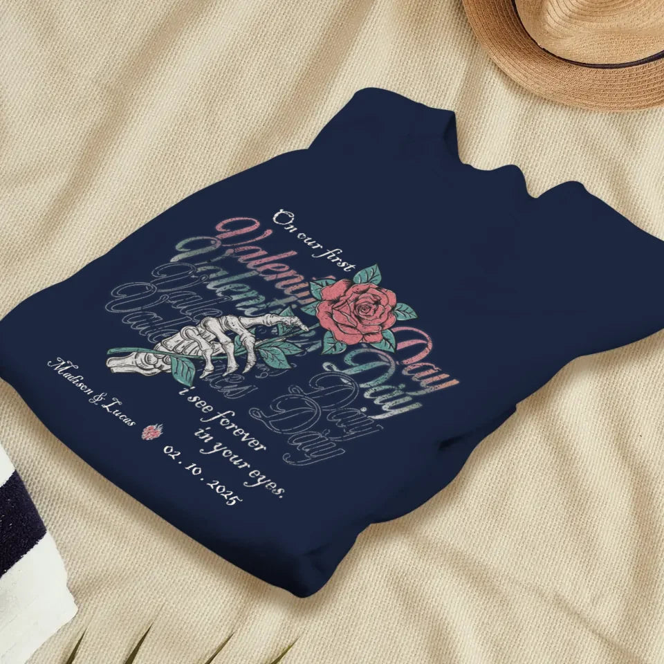 On Our First Valentine's Day Skull And Rose - Personalized Gifts For Couples - Unisex Sweater