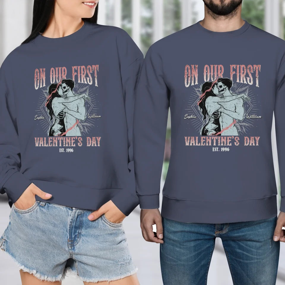 On Our First Valentine's Day Skull - Personalized Gifts For Couples - Unisex Sweater