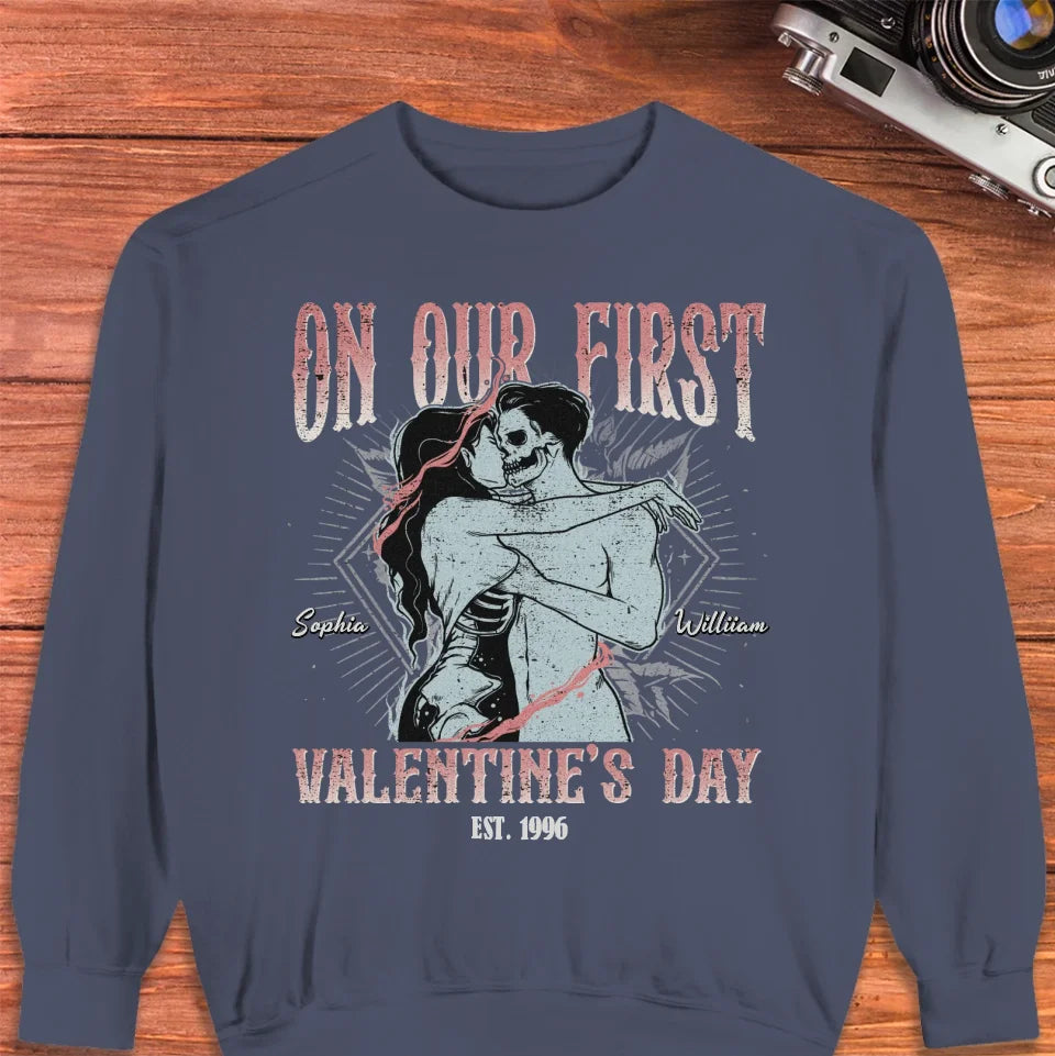 On Our First Valentine's Day Skull - Personalized Gifts For Couples - Unisex Sweater