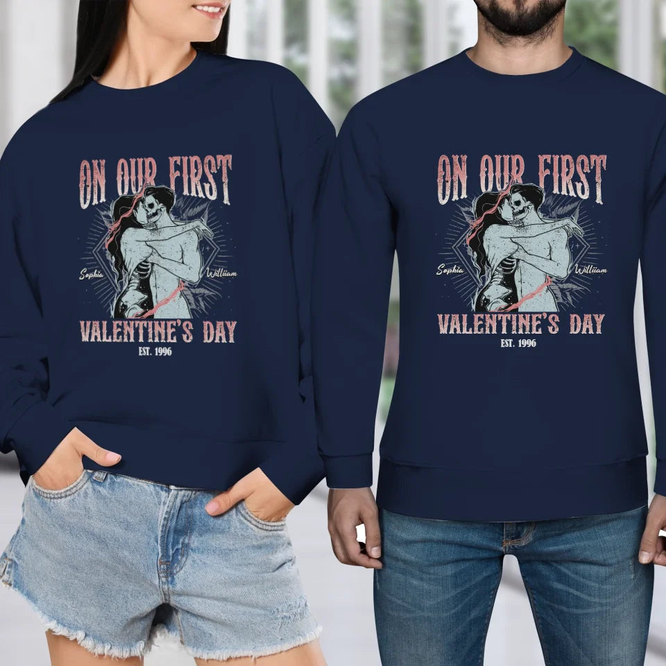 On Our First Valentine's Day Skull - Personalized Gifts For Couples - Unisex Sweater