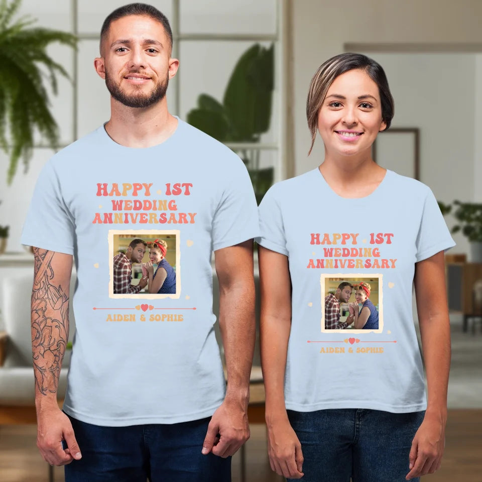 Happy 1st Wedding Anniversary, Retro Vibe - Personalized Gifts For Couples - Unisex T-Shirt