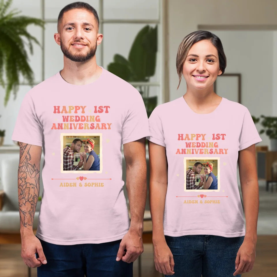 Happy 1st Wedding Anniversary, Retro Vibe - Personalized Gifts For Couples - Unisex T-Shirt