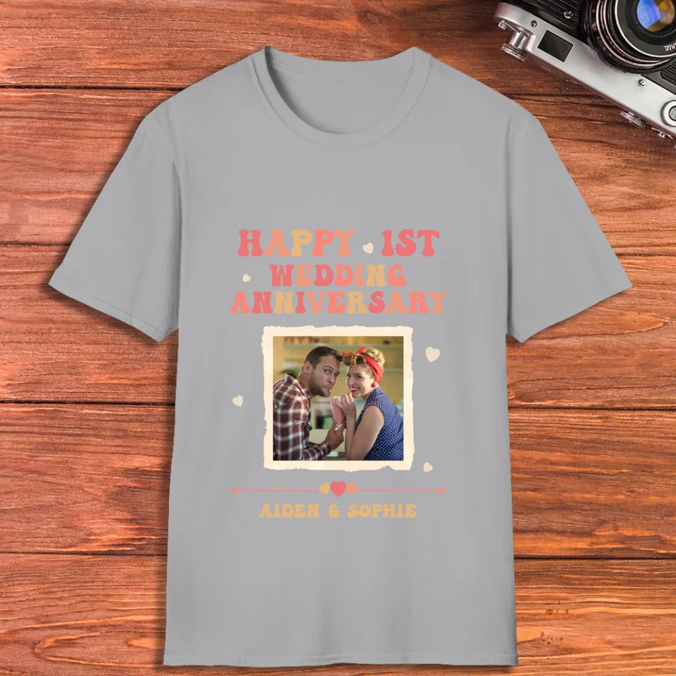 Happy 1st Wedding Anniversary, Retro Vibe - Personalized Gifts For Couples - Unisex T-Shirt