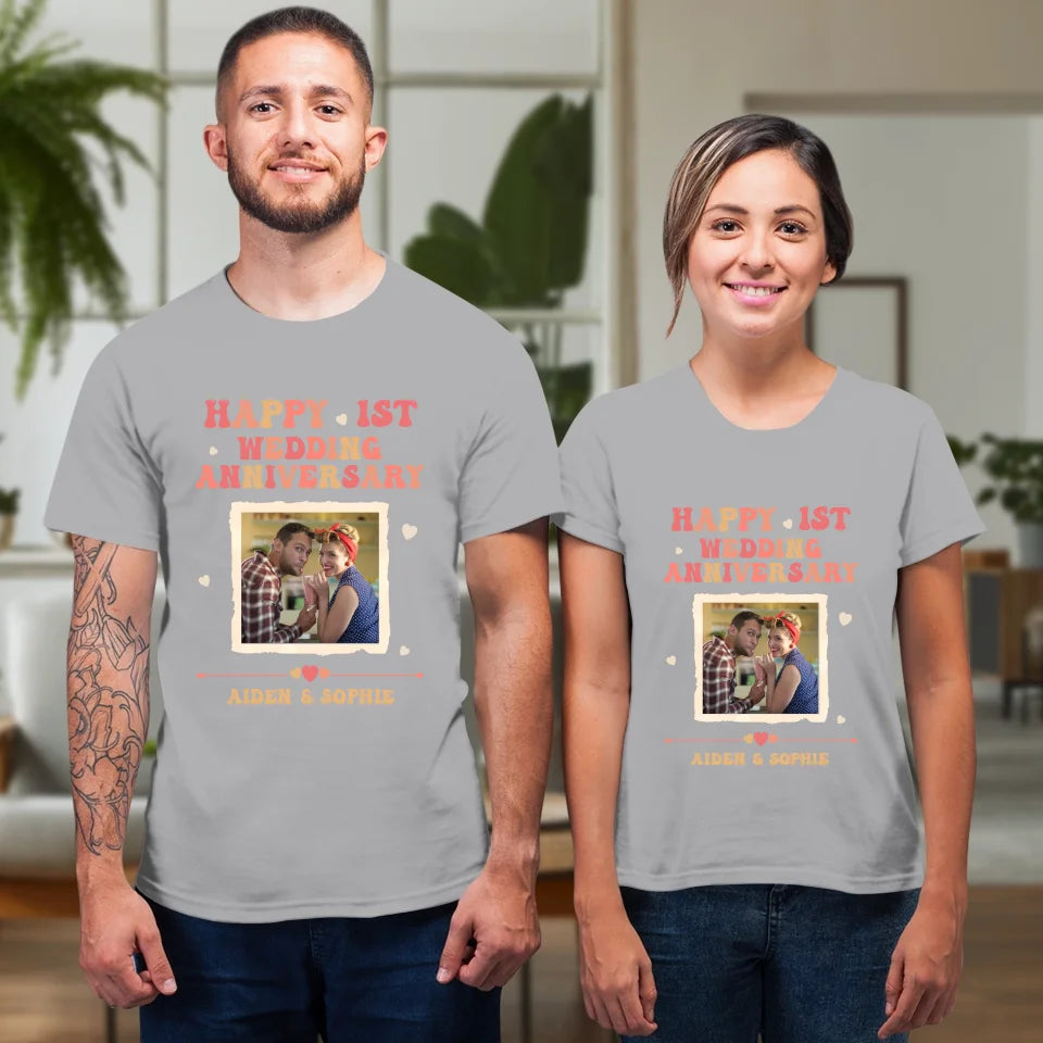 Happy 1st Wedding Anniversary, Retro Vibe - Personalized Gifts For Couples - Unisex T-Shirt